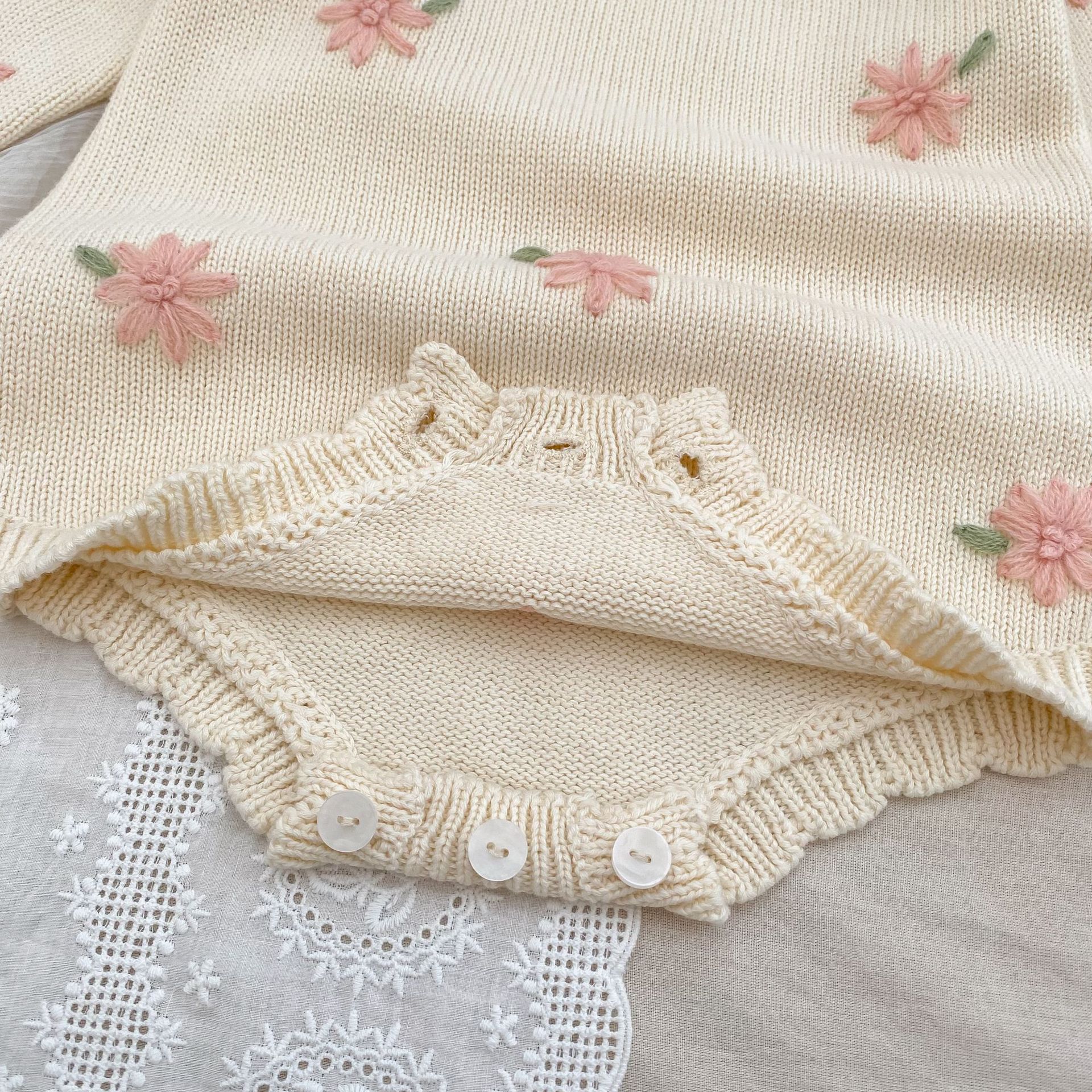 Autumn Floral Embroidered Long Sleeve Knitted Sweater Romper for Girls Newborn Baby Clothes with Button Closure 100% Cotton Detail Pic 0 155