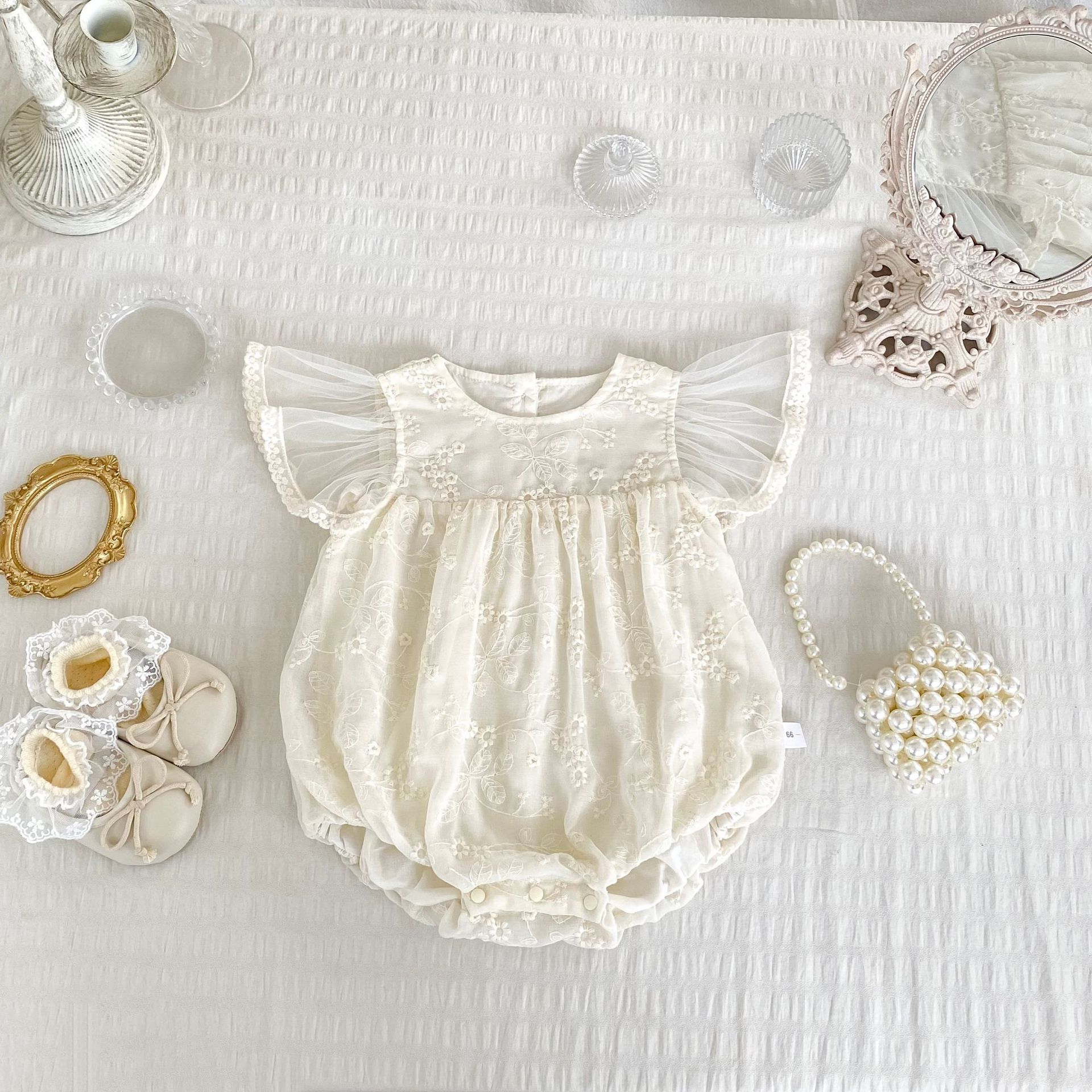 Newborn Baby Clothes Girl Summer Jacquard Embroidered Jumpsuit Princess Flying Sleeves Baggy Style Casual Button Romper Detail Pic 0 189