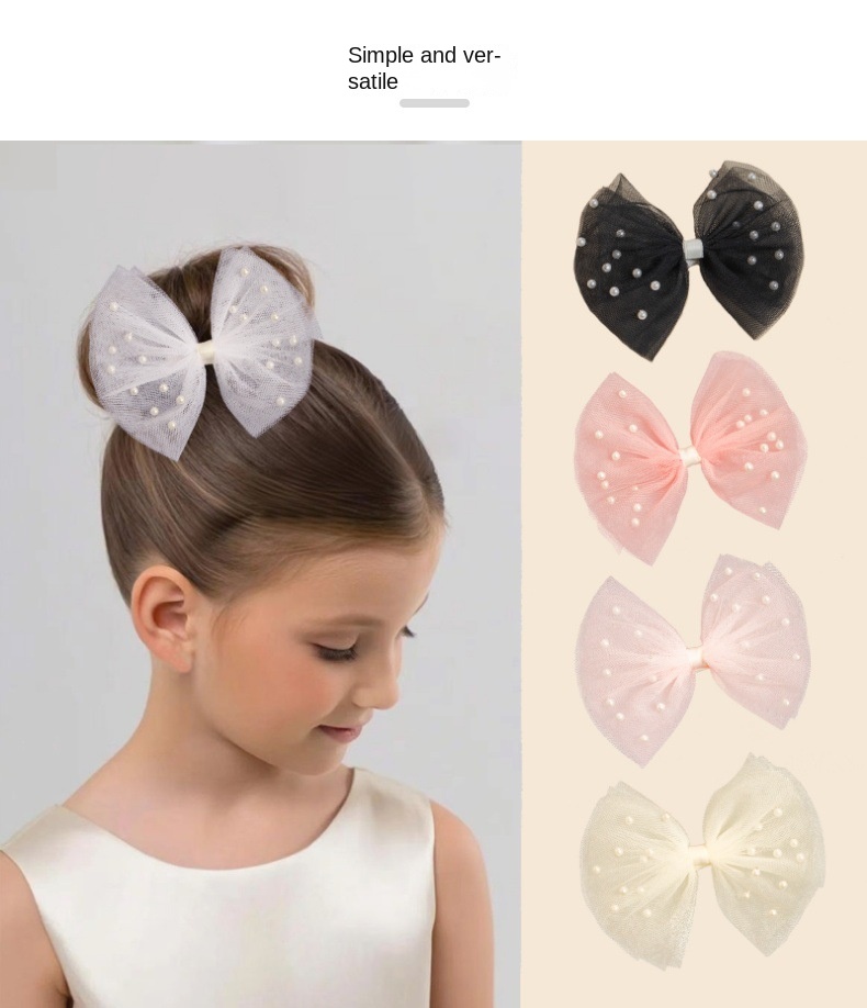 Cross-Border Factory Direct Summer Children's Hair Clip with Soft Cloth Imitation Pearl Mesh Bow Spring Accessories Detail Pic 1 213