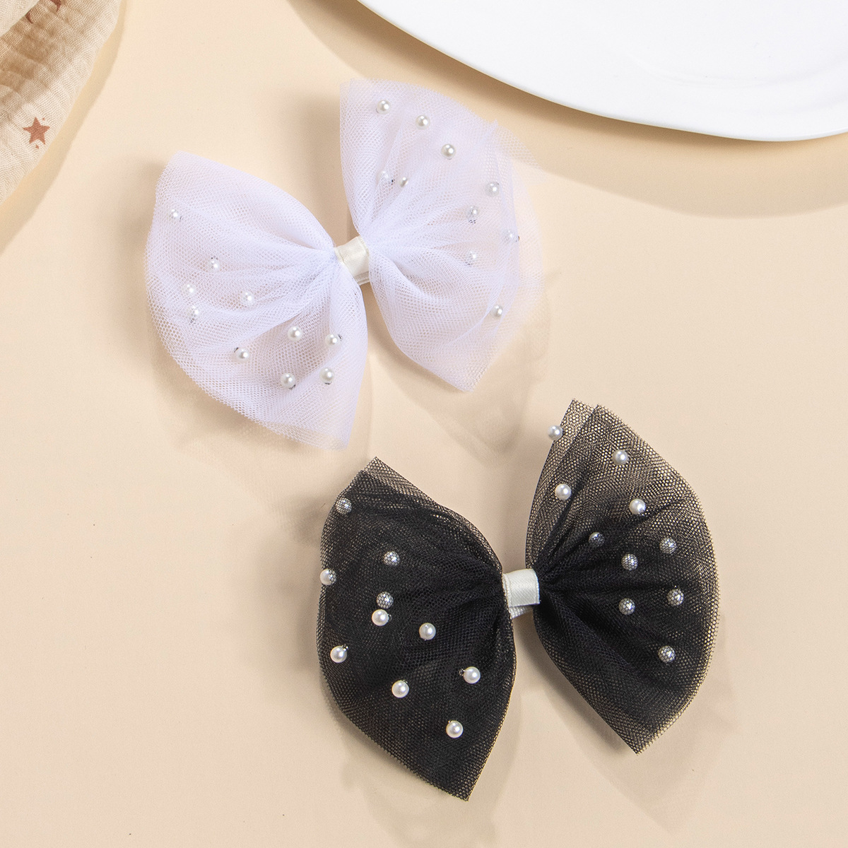 Cross-Border Factory Direct Summer Children's Hair Clip with Soft Cloth Imitation Pearl Mesh Bow Spring Accessories Detail Pic 5 92