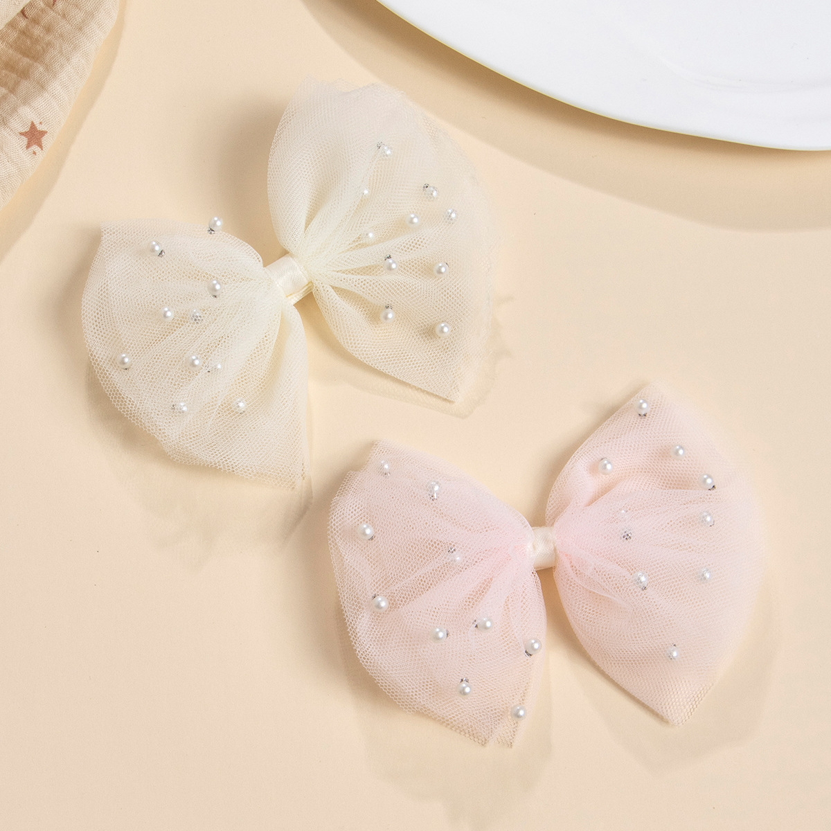 Cross-Border Factory Direct Summer Children's Hair Clip with Soft Cloth Imitation Pearl Mesh Bow Spring Accessories Detail Pic 6 198